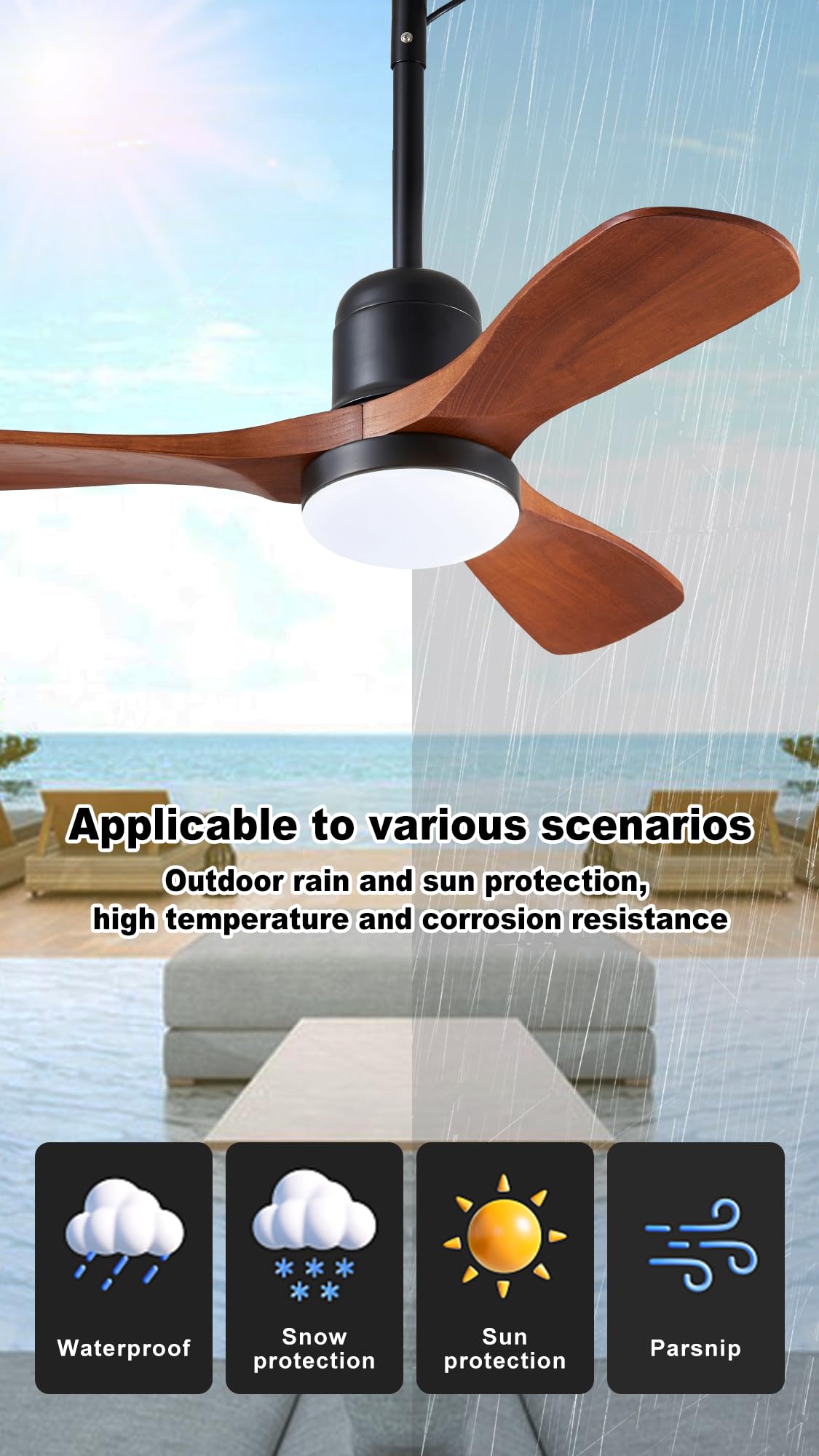 36" Outdoor Gazebo Fan with Dimmable Light and Memory Remote, Plug-In Wet Rated Outdoor Ceiling Fan, Outdoor Hanging Fan For Gazebo, Patio, Waterproof