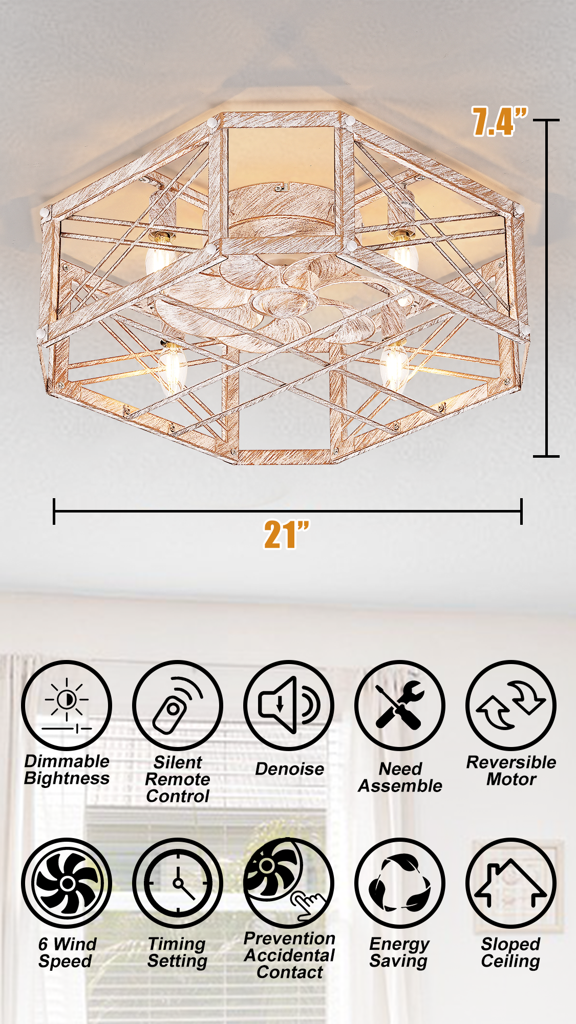 21'' Flush-Mount Ceiling Fan with Dimmable-Light Remote Control, Reversible-Motor, 6 Wind Speeds, Perfect for Bedroom, Living room, Kitchen, Outdoor Gazebo, Patio, Low-Profile Design Retro Cage