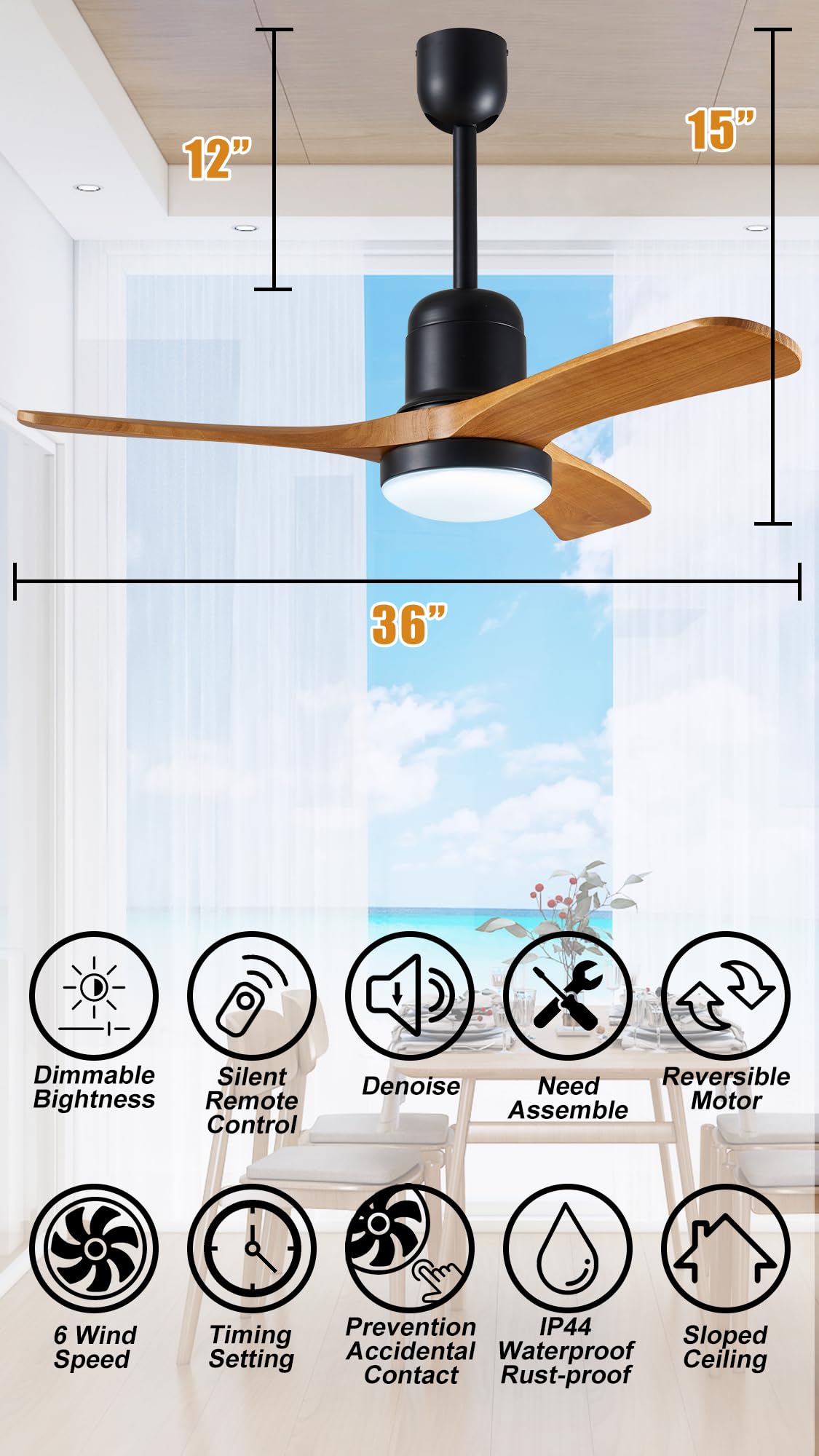 36" Outdoor Gazebo Fan, Plug-In Wet Rated Outdoor Ceiling Fan with Dimmable Light and Memory Remote, Outdoor Hanging Fan For Gazebo, Patio, Waterproof