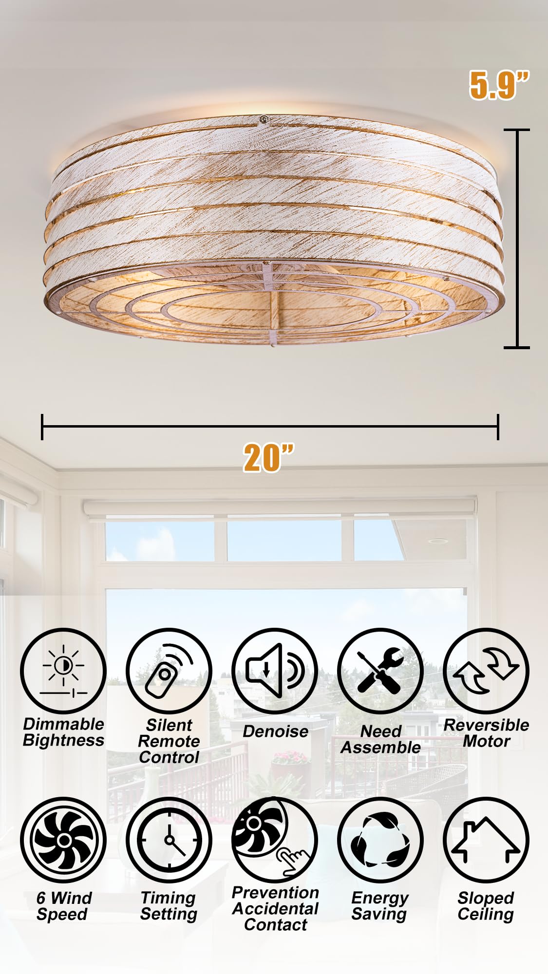 20'' Flush-Mount Ceiling Fan with Dimmable-Light and Memory Remote Control, Reversible-Motor, Perfect for Bedroom, Kitchen, Outdoor Gazebo, Patio, Low-Profile Retro White Design Cage