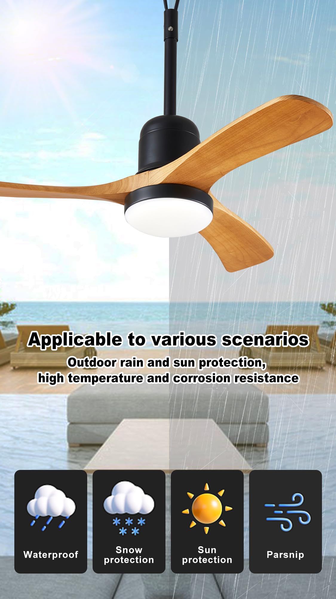 36" Outdoor Gazebo Fan, Plug-In Wet Rated Outdoor Ceiling Fan with Dimmable Light and Memory Remote, Outdoor Hanging Fan For Gazebo, Patio, Waterproof