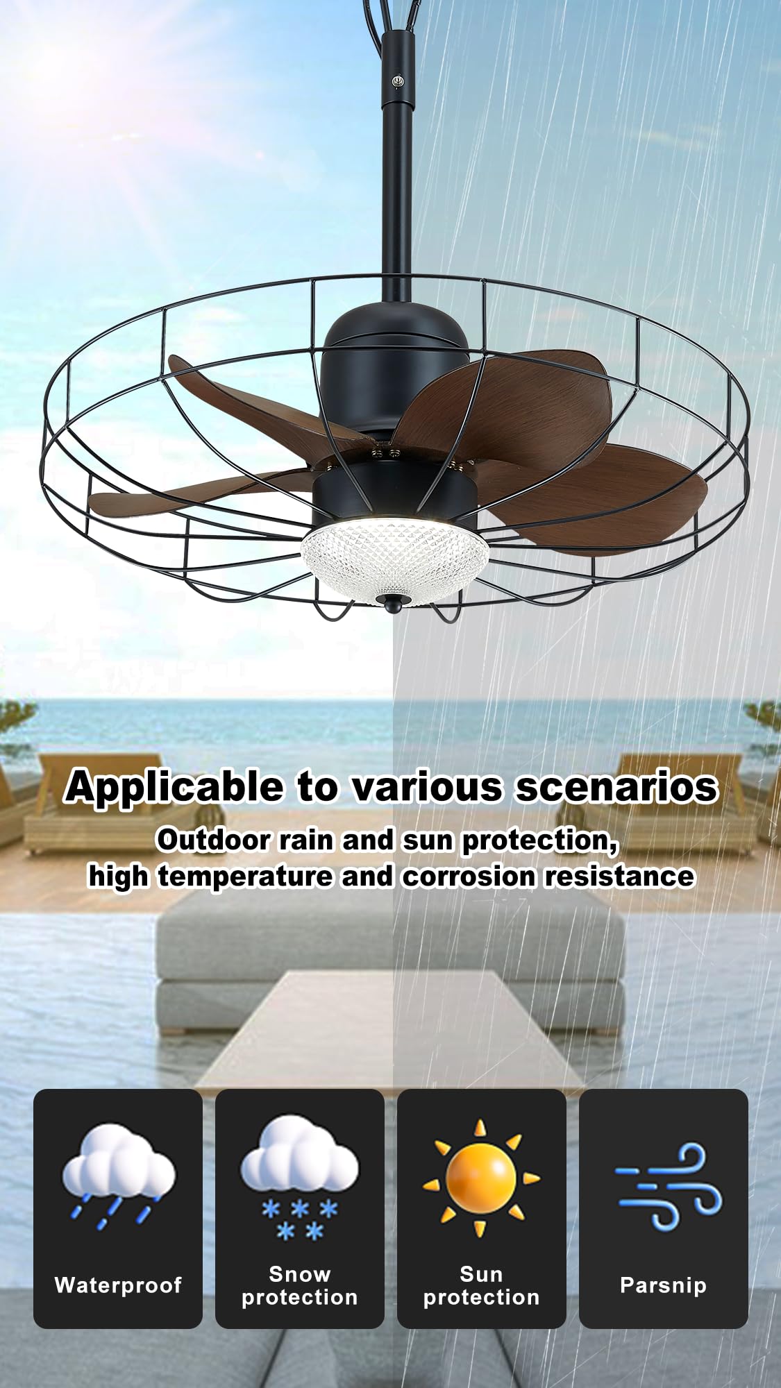 23" Outdoor Gazebo Fan, Plug-in Wet Rated Outdoor Ceiling Fan with Dimmable Light and Memory Remote, Outdoor Hanging Fan For Gazebo, Patio, Waterproof