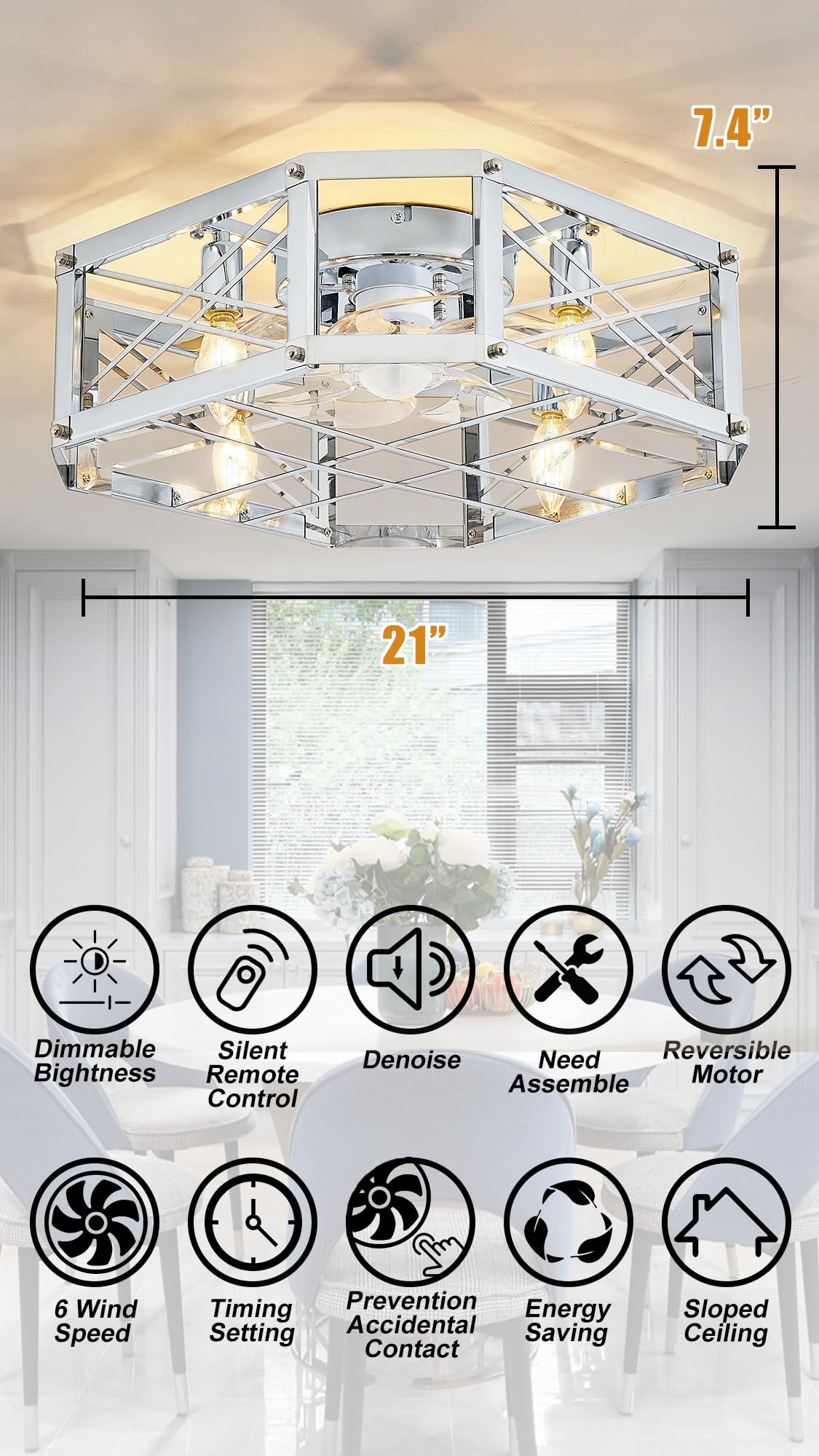 21'' Flush-Mount Ceiling Fan with Dimmable-Light and Memory Remote, Reversible-Motor, Perfect for Bedroom, Living room, Kitchen, Outdoor Gazebo, Patio, Low-Profile Design Sliver Cage