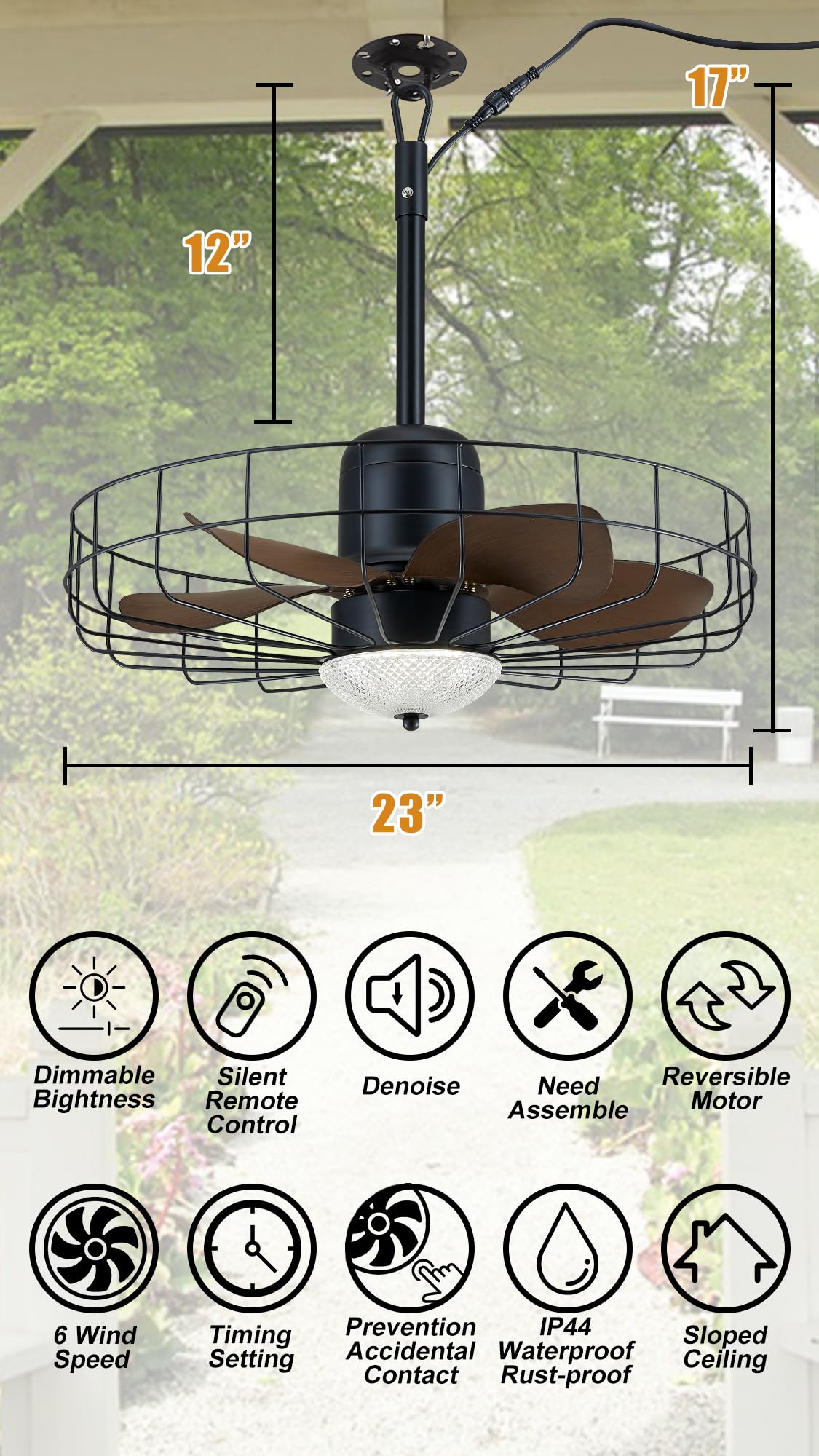 23" Outdoor Gazebo Fan with Dimmable Light and Memory Remote, Plug-In Wet Rated Outdoor Ceiling Fan, Outdoor Hanging Fan For Gazebo, Patio, Waterproof